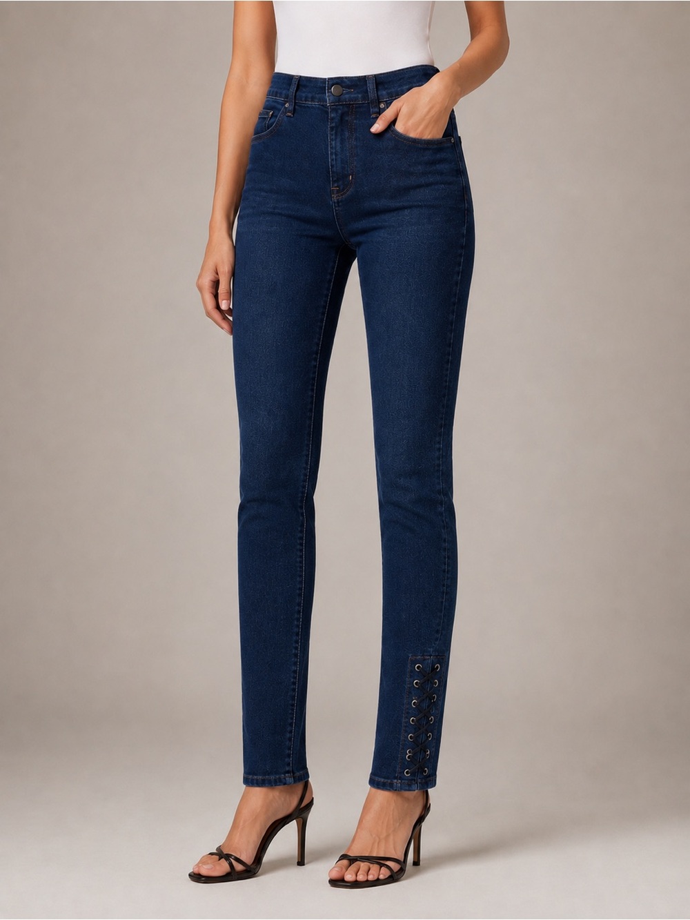 NWOT High-Rise Skinny Straight Jeans with Lace-Up Hem